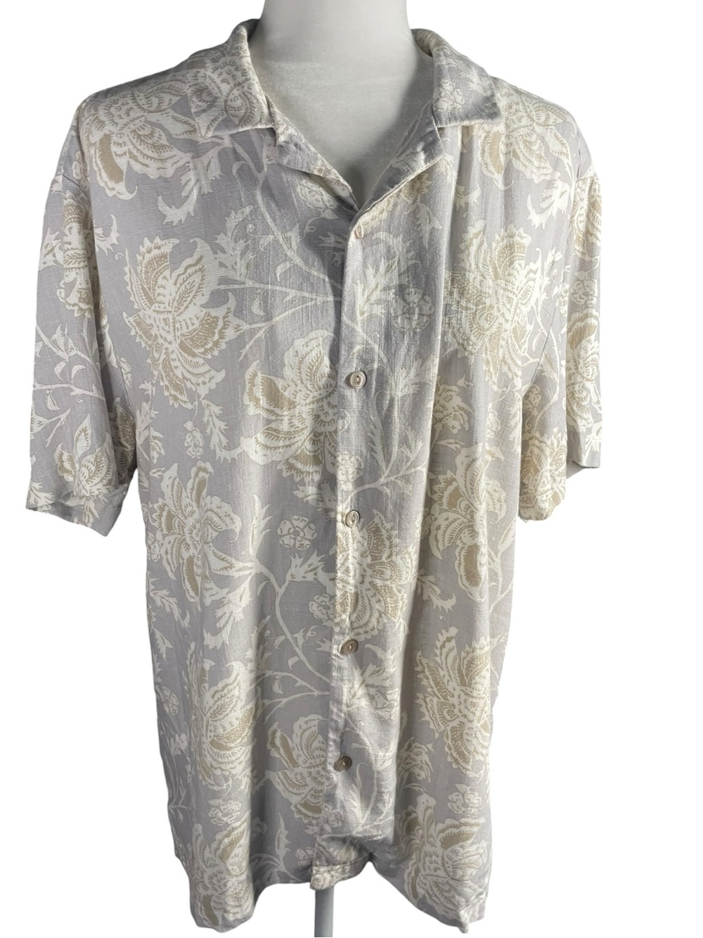 Porter & Ash Linen Blend Short Sleeve Button Up Top Size L Light Gray Floral